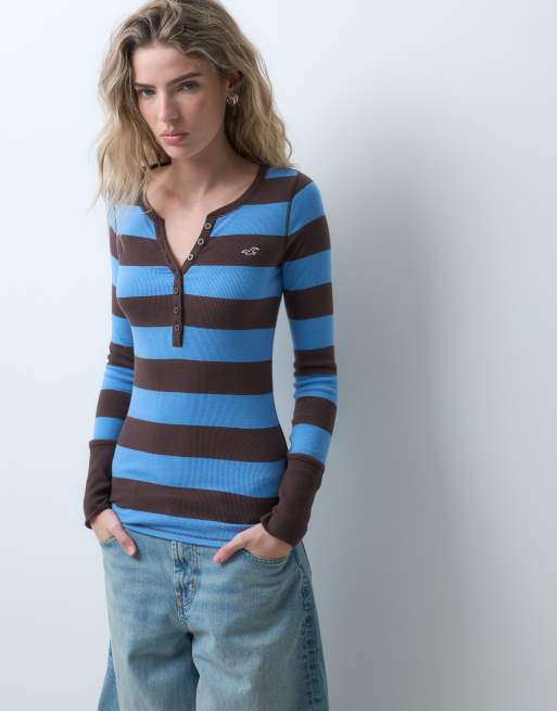 Hollister icon logo long sleeve henley top in brown and blue stripe, 3 of 5