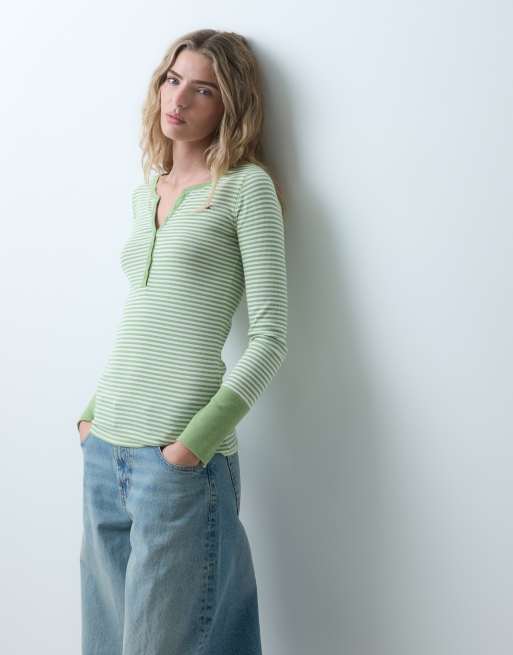 Hollister icon logo long sleeve henley top in green and white stripe, 3 of 5