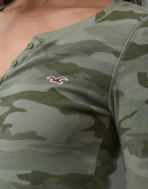 Hollister icon logo long sleeve henley top in green camo, 2 of 4