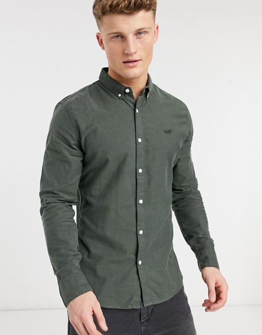 Hollister icon logo long sleeve regular fit oxford shirt button down in olive