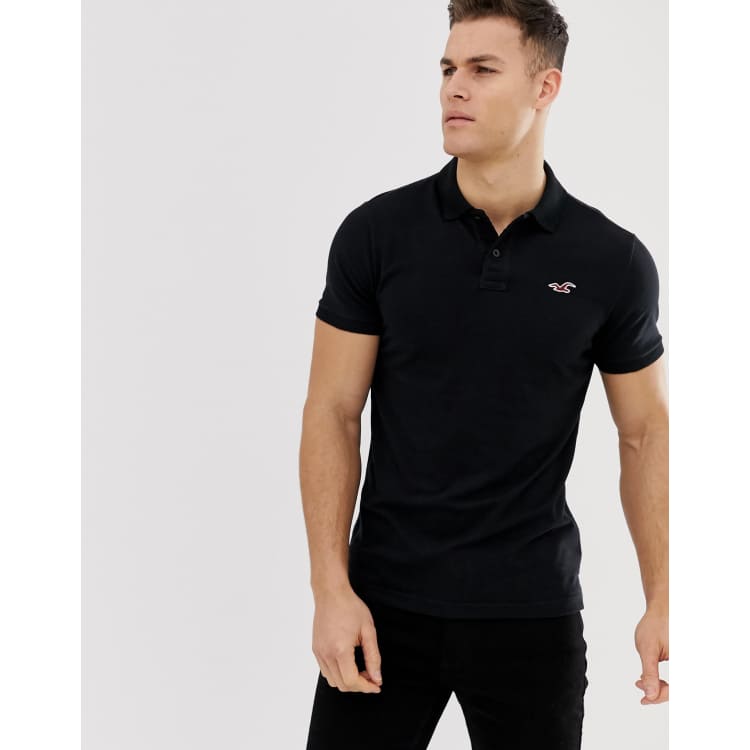 Hollister icon logo modern collar pique polo slim muscle fit in black