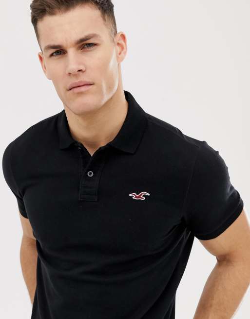 Hollister varsity logo tipping pique polo in black