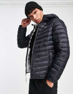 Hollister icon/tape logo hooded narrow channel lightweight puffer jacket in  black