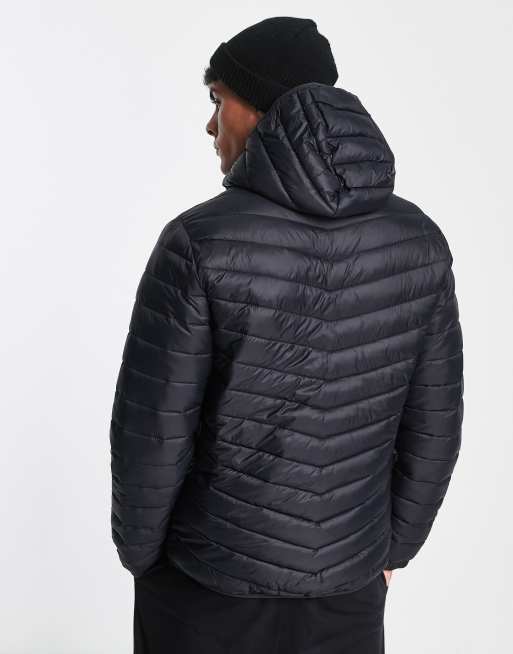 Hollister hooded puffer jacket icon logo in black deals
