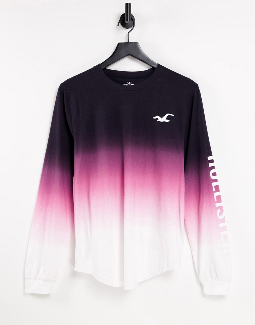 Hollister icon logo ombre long sleeve top in black/pink/white-Multi