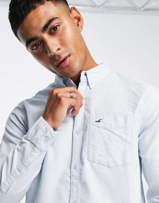 Hollister icon logo pocket oxford shirt in light blue