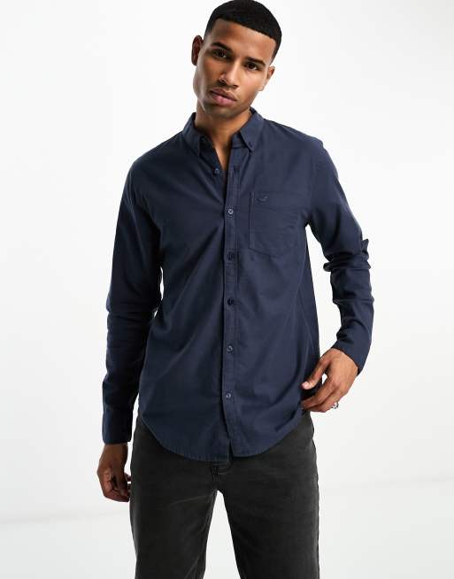 Hollister Mens Long Sleeve Cheapest - Hollister Navy Stretch Poplin