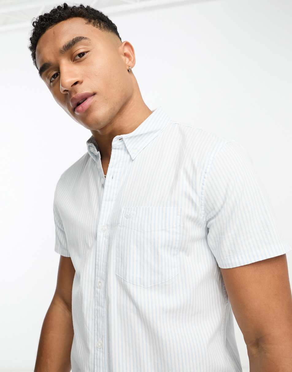 Hollister icon logo pocket stripe short sleeve shirt in blue
