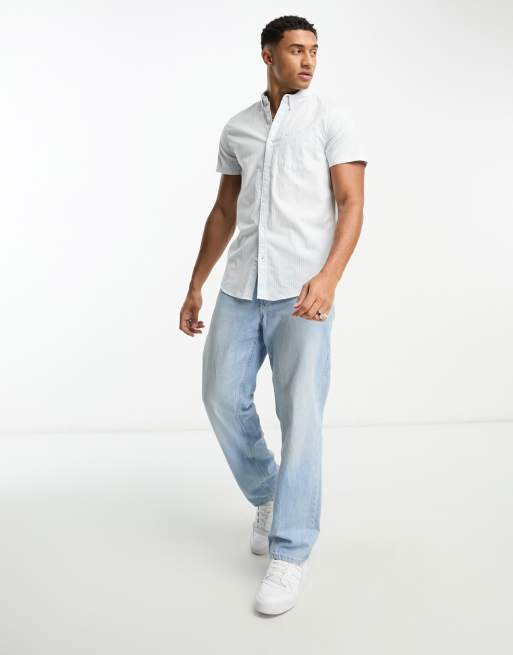 Hollister icon logo pocket stripe short sleeve shirt in blue ASOS