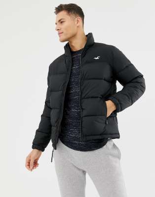 hollister hooded puffer jacket icon logo in black