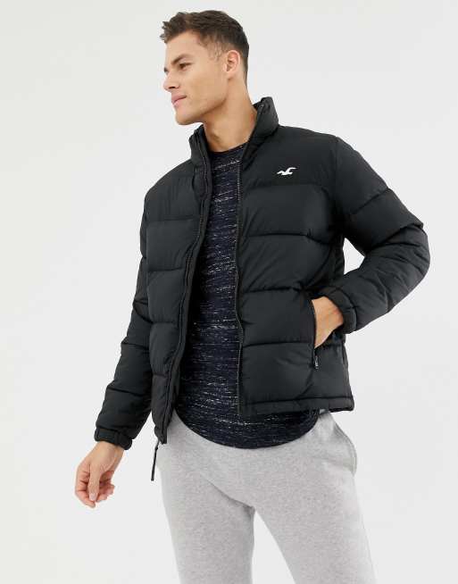 Hollister hooded puffer jacket icon logo in black