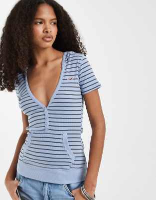 Hollister icon logo short sleeve hooded top in blue stripe