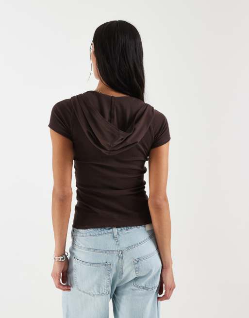 Hollister icon logo short sleeve hooded top in brown, 4 of 4