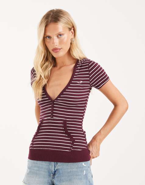 Hollister icon logo short sleeve hooded top in burgundy stripe - view 1