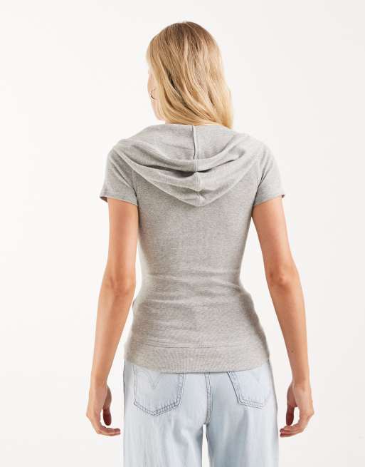 Hollister icon logo short sleeve hooded top in grey, 4 of 4
