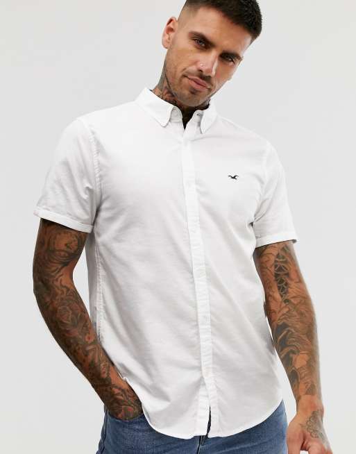 Hollister icon logo short sleeve slim fit oxford shirt in white