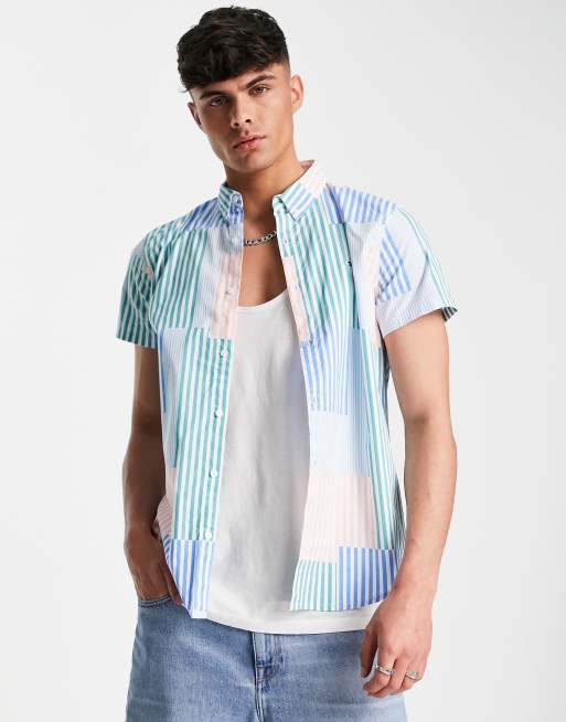 Hollister icon logo slim fit short sleeve patchwork oxford shirt