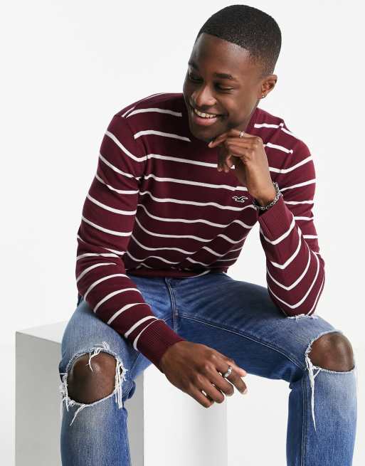 Hollister icon logo stripe knit sweater in burgundy ASOS
