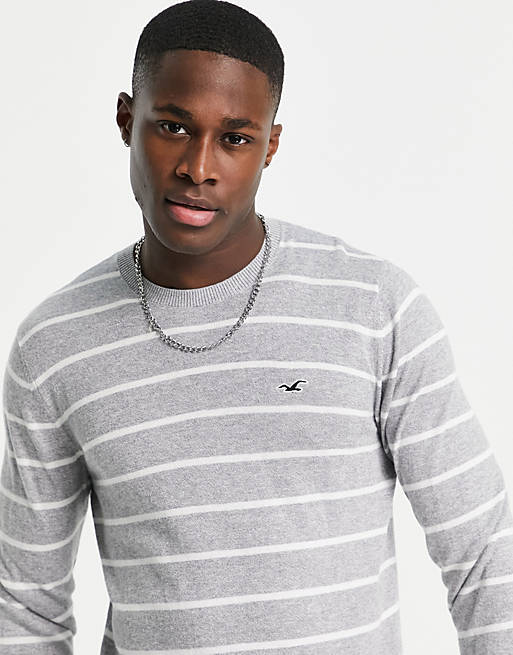 Hollister icon logo striped knit sweater in gray