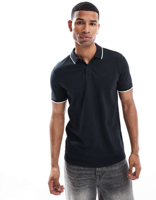 Hollister icon logo tipped pique polo in black ASOS