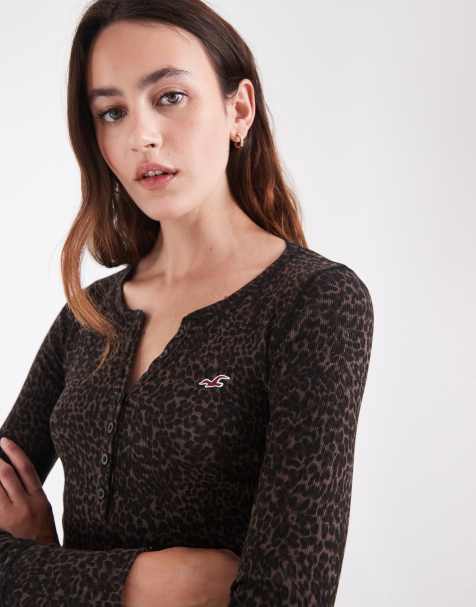 Hollister icon logo top henley z długim rękawem w panterkę - view 1