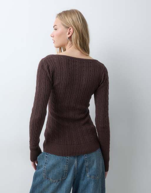 Hollister icon logo tætsiddende strikket henley-top i brun, 3 af 5