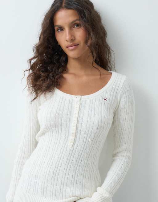 Hollister Icon logo tætsiddende strikket henley-top i hvid, 3 af 5