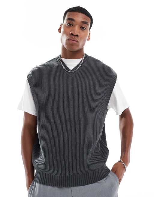 Hollister - Icon - Smanicato in maglia squadrato antracite con scollo a V e logo