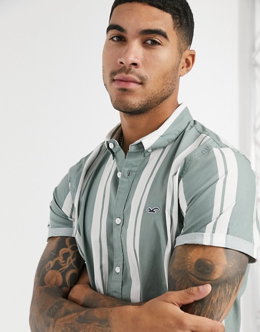 Hollister icon striped logo slim fit shirt in green/white