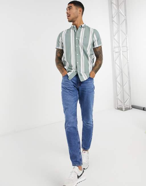 Hollister icon striped logo slim fit shirt in green white ASOS