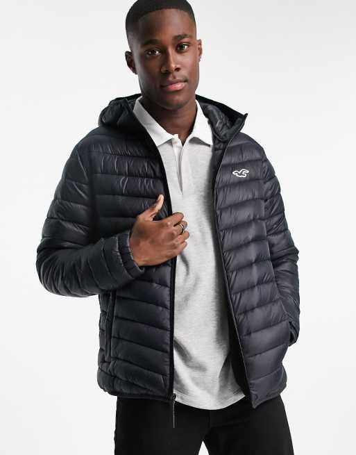 Hollister Hooded Puffer Jacket Icon Logo In Black for Men