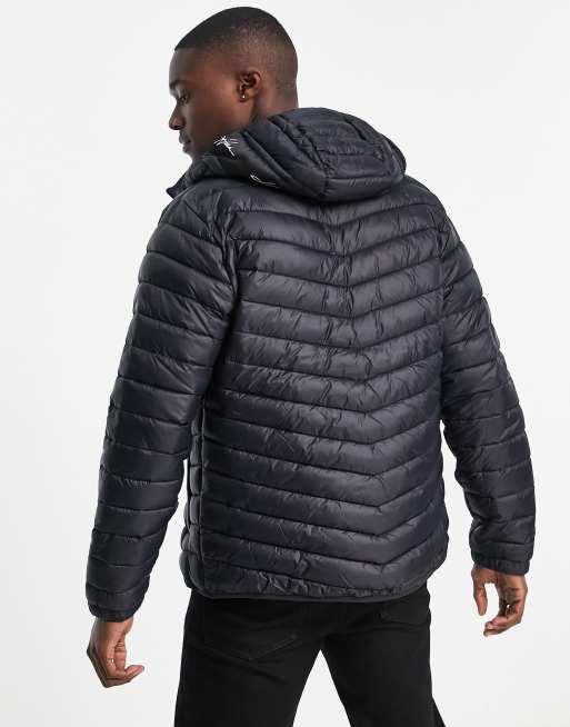 Hollister icon tape logo hooded narrow channel lightweight puffer jacket in black