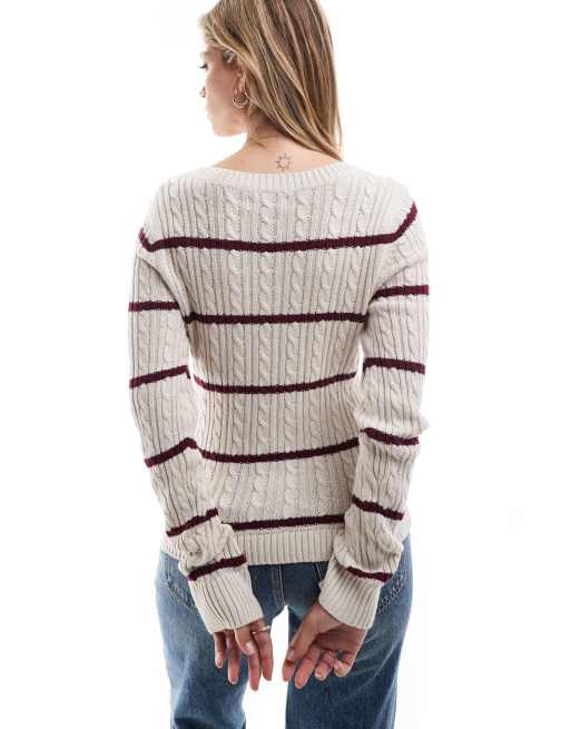 Hollister icon v neck knitted jumper in pink stripe