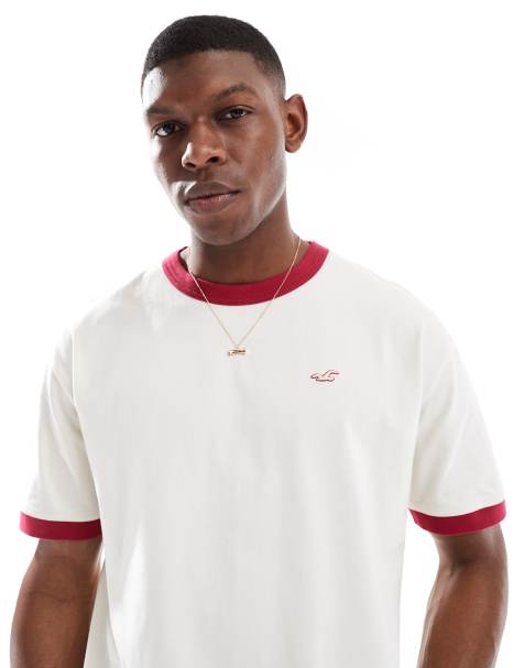 Hollister icon washed boxy t-shirt with contrast binding in cream - view 1