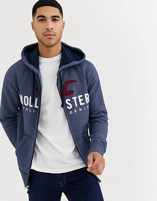 Hollister iconic tech logo full zip hoodie in navy | ASOS