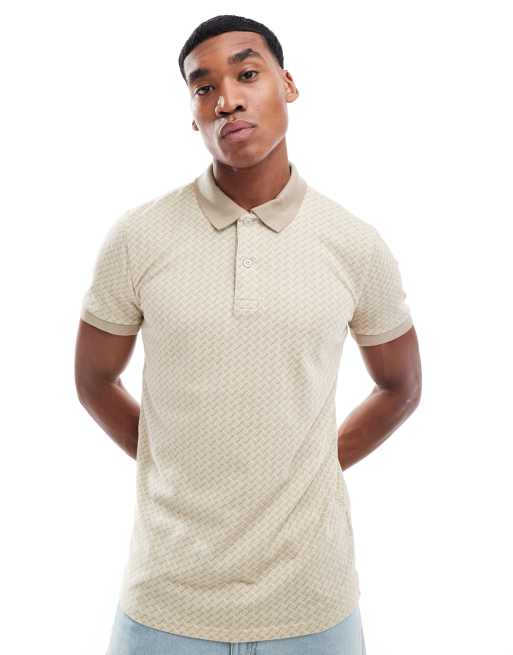 Hollister – Jasnobrązowa koszulka polo z piki w geometryczny wzór i z logo