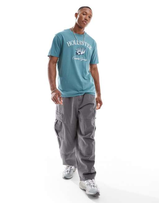 Hollister – Jasnoniebieski, luźny T-shirt z haftowanym logo i napisem „Coastal