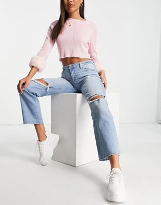 Hollister knee rip jeans in light wash blue - ASOS Price Checker