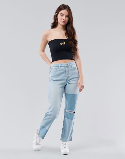 Hollister - Jean droit à patchwork avec déchirure - Bleu clair délavé