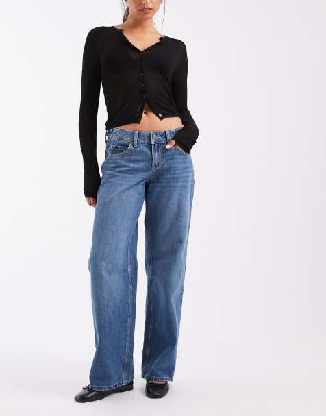Hollister jeans baggy regolabili con fondo risvoltato in blu medio - view 1