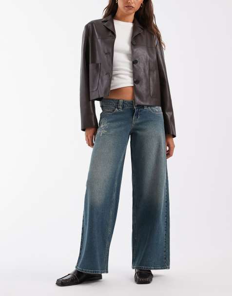 Hollister jeans met baggy fit, borduursel en zeer lage taille in donkerblauwe wassing - view 1