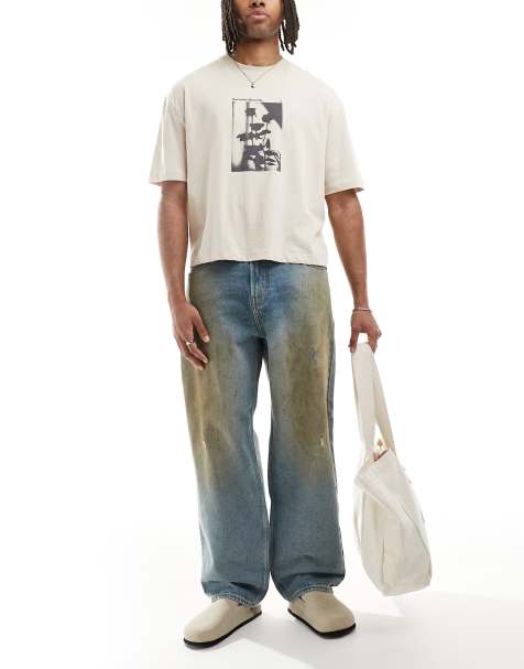 Hollister - Jeans skater larghi lavaggio blu medio con macchie - view 1
