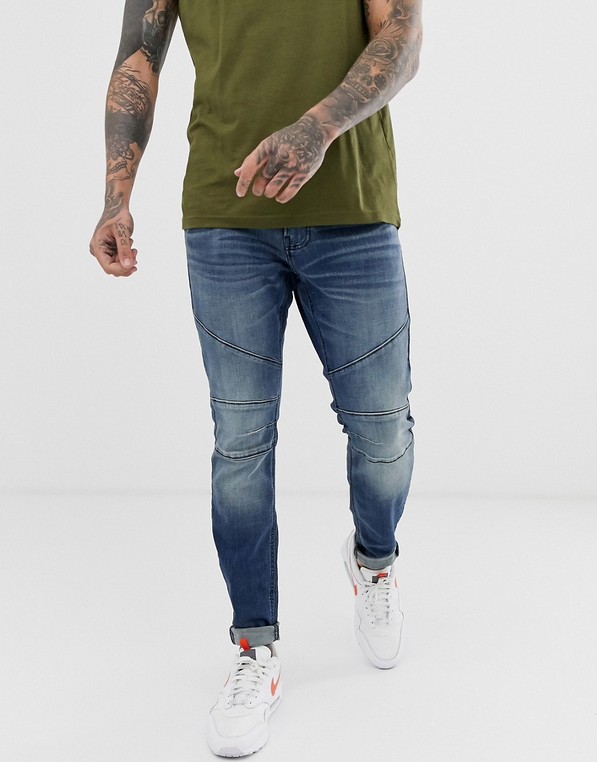 Hollister - Jeans super skinny lavaggio medio con dettagli moto-Blu