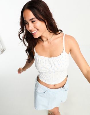 Hollister jersey corset detail cami top with blue floral print in white