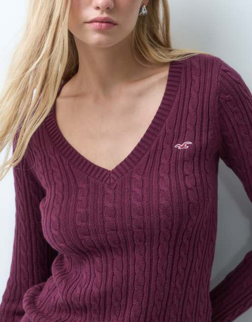 Hollister - jersey de pico de punto con logo icónico en burdeos, 3 de 4