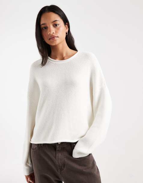 Hollister - jersey de punto boxy con cuello redondo en crema - view 1