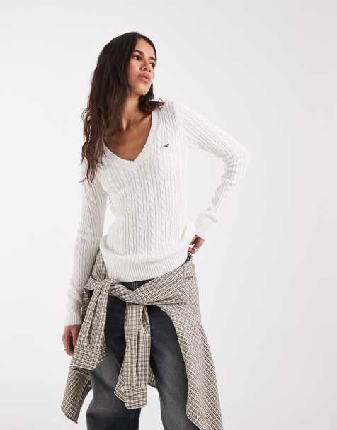 Hollister - jersey de punto con cuello de pico y logo icon en blanco - view 1