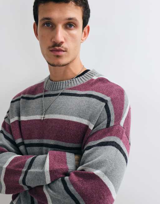 Hollister - jersey de punto con cuello redondo a rayas grises y burdeos, 2 de 5