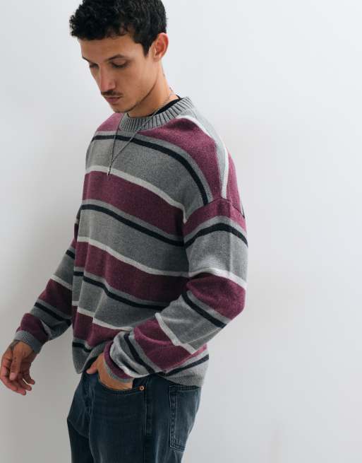 Hollister - jersey de punto con cuello redondo a rayas grises y burdeos, 4 de 5
