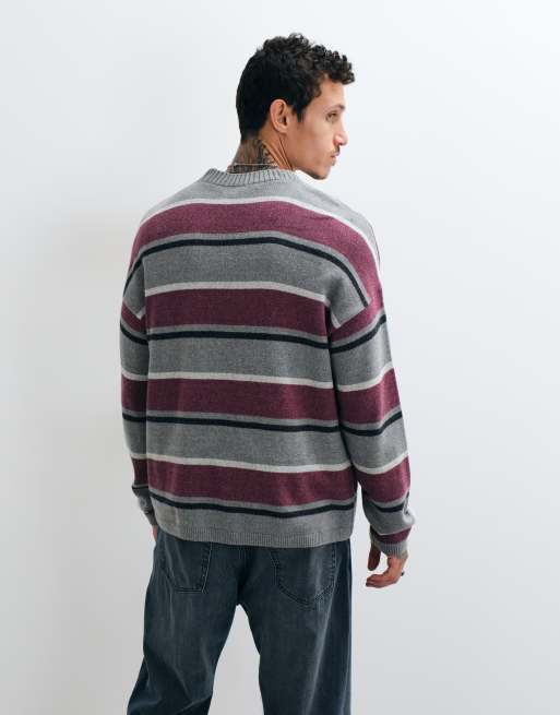 Hollister - jersey de punto con cuello redondo a rayas grises y burdeos, 5 de 5